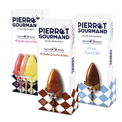 Lot de 3 étuis de sucettes ; caramel au lait frais, saveurs fruits et cacao lait - Pierrot Gourmand - 1